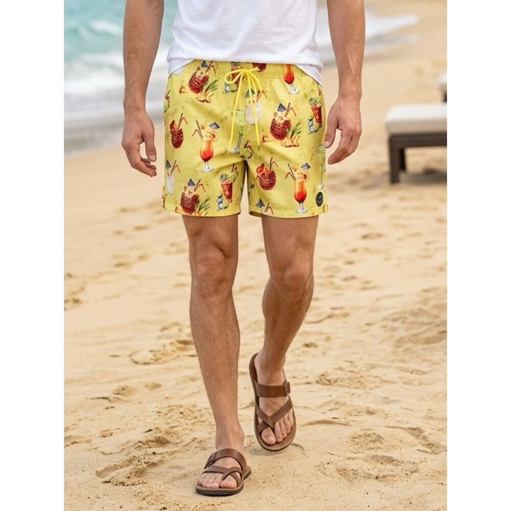 NWT Psycho Tuna Men’s Yellow Tropical Cocktail Print Swim Shorts - Size M